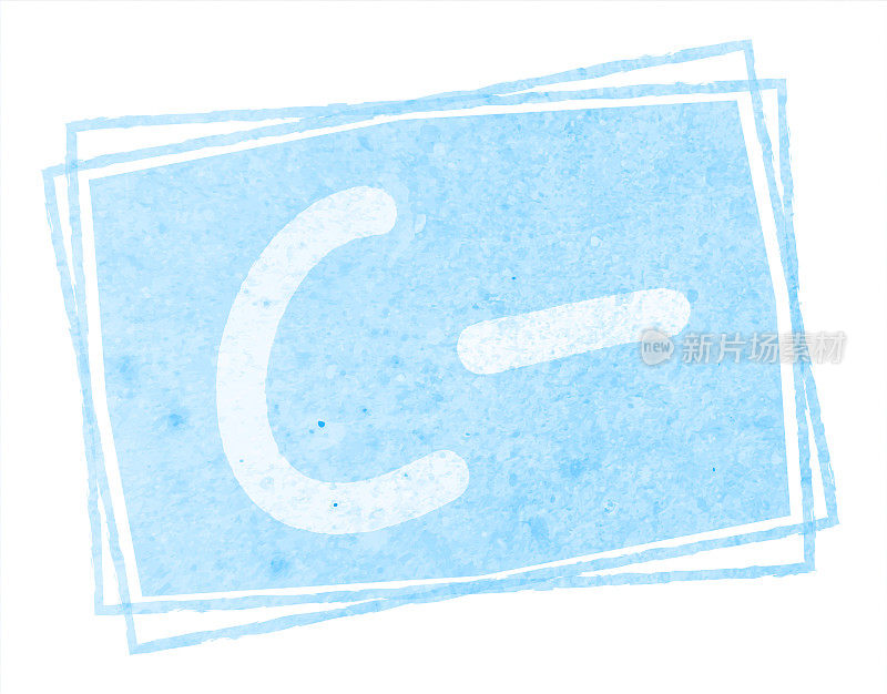彩色蜡笔淡蓝色大写字母或字母C后跟一个负号或负号或C -在水平风化彩色蜡笔天蓝色框架垃圾墙纹理矢量背景